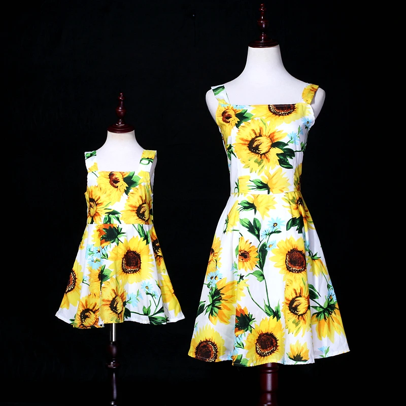 

Summer children sunflower cotton family look clothes kids mum girls big hem holiday beach dress mother and daughter slip dresses