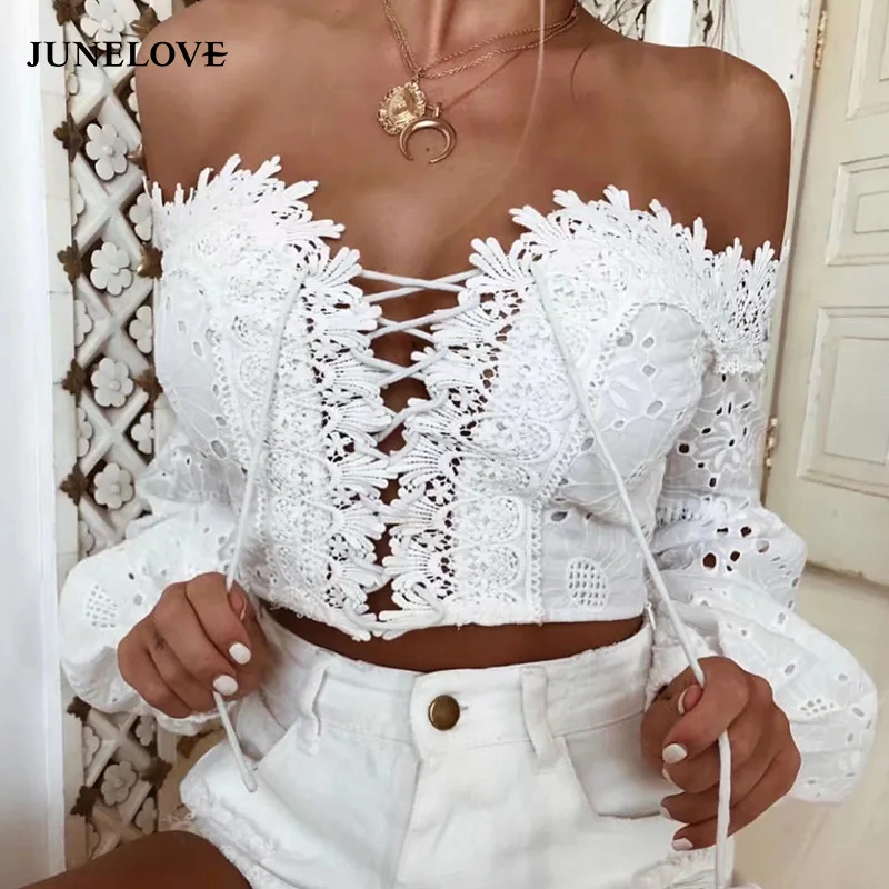 Женская Кружевная блуза JuneLove кружевная короткая блузка с вырезом лодочкой и