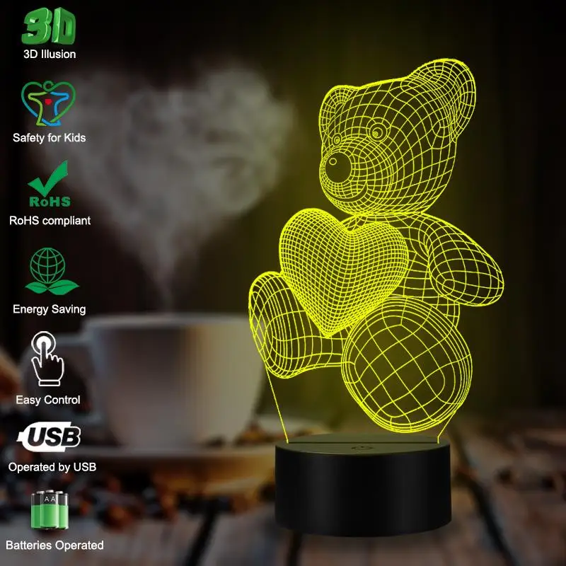 Vcity с персонажами из мультфильмов рисунком Мишки и сердца 3D Ночной светильник ing