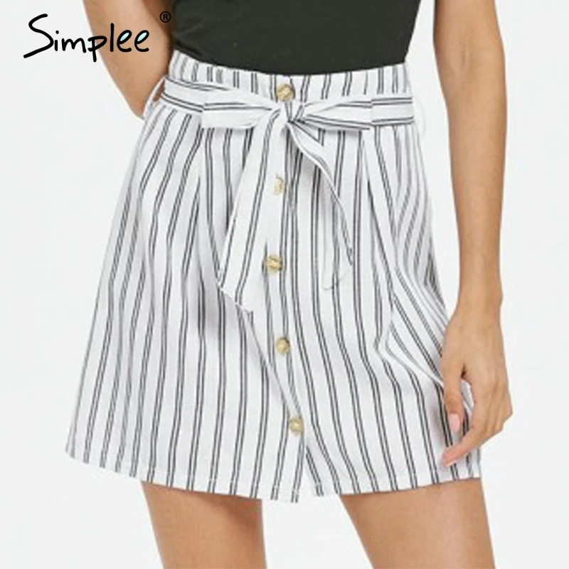 женская полосатая мини юбка Simplee синяя винтажная А-силуэта с высокой талией для