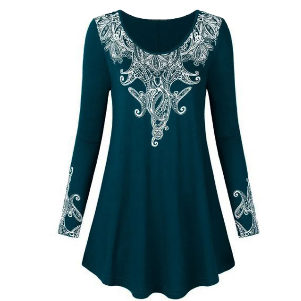 Dark Blue Женская мода с круглым вырезом и длинными рукавами с цветочным принтом размера плюс, топы, свободная блузка, Пляжная туника, женская летняя одежда - Цвет: Dark Blue