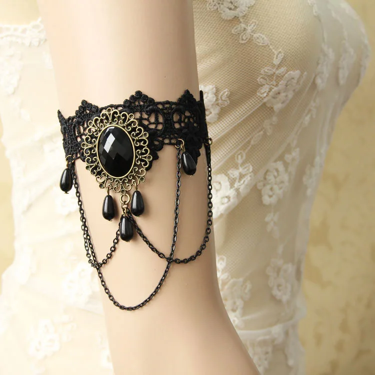 

Womens New Ladies Handmade Layered Chain Flower Black Lace Oval Beads Drop Arm Band Armband Armlet Bracelet Gothic Dance Vintage