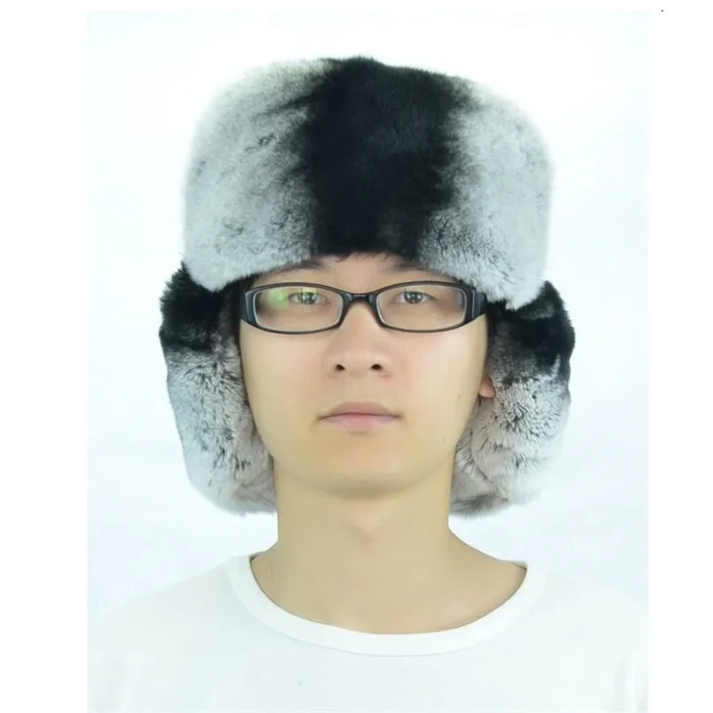 mens winter hats ear flaps russian real fur hat of natural rex rabbit fur chinchilla genuine leather bomber hat H208