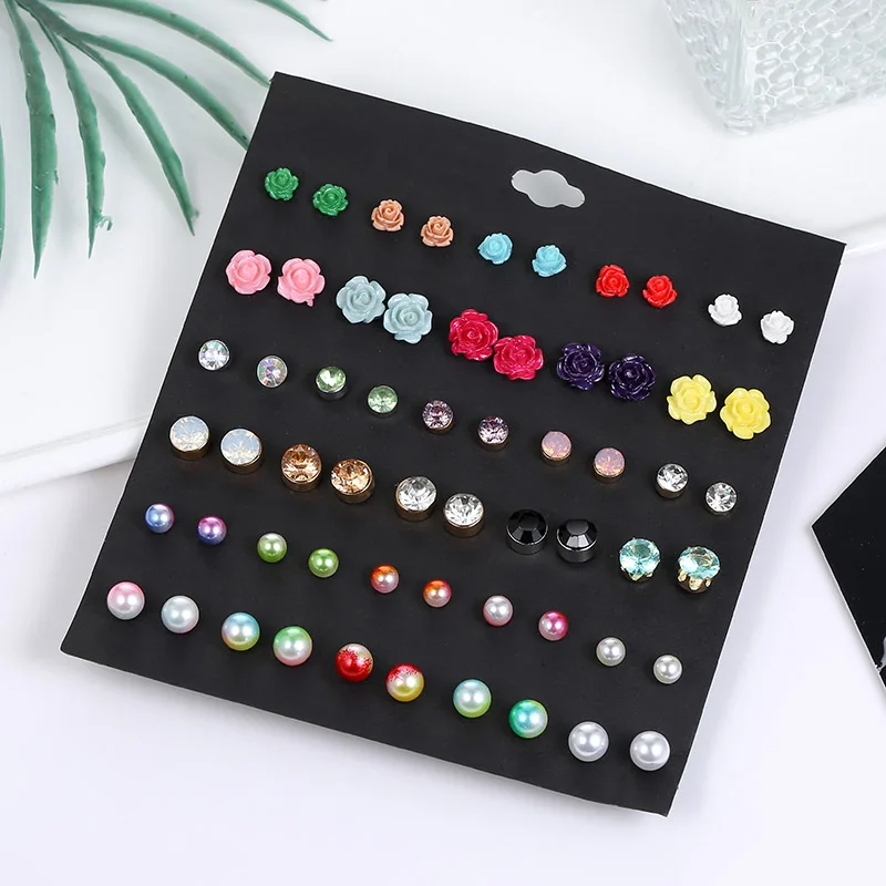 30 Pair/set Fashion Female Resin Acrylic Flower Earrings Set For Women Crystal Stud Earring Ladies Multicolor Pearl | Украшения и