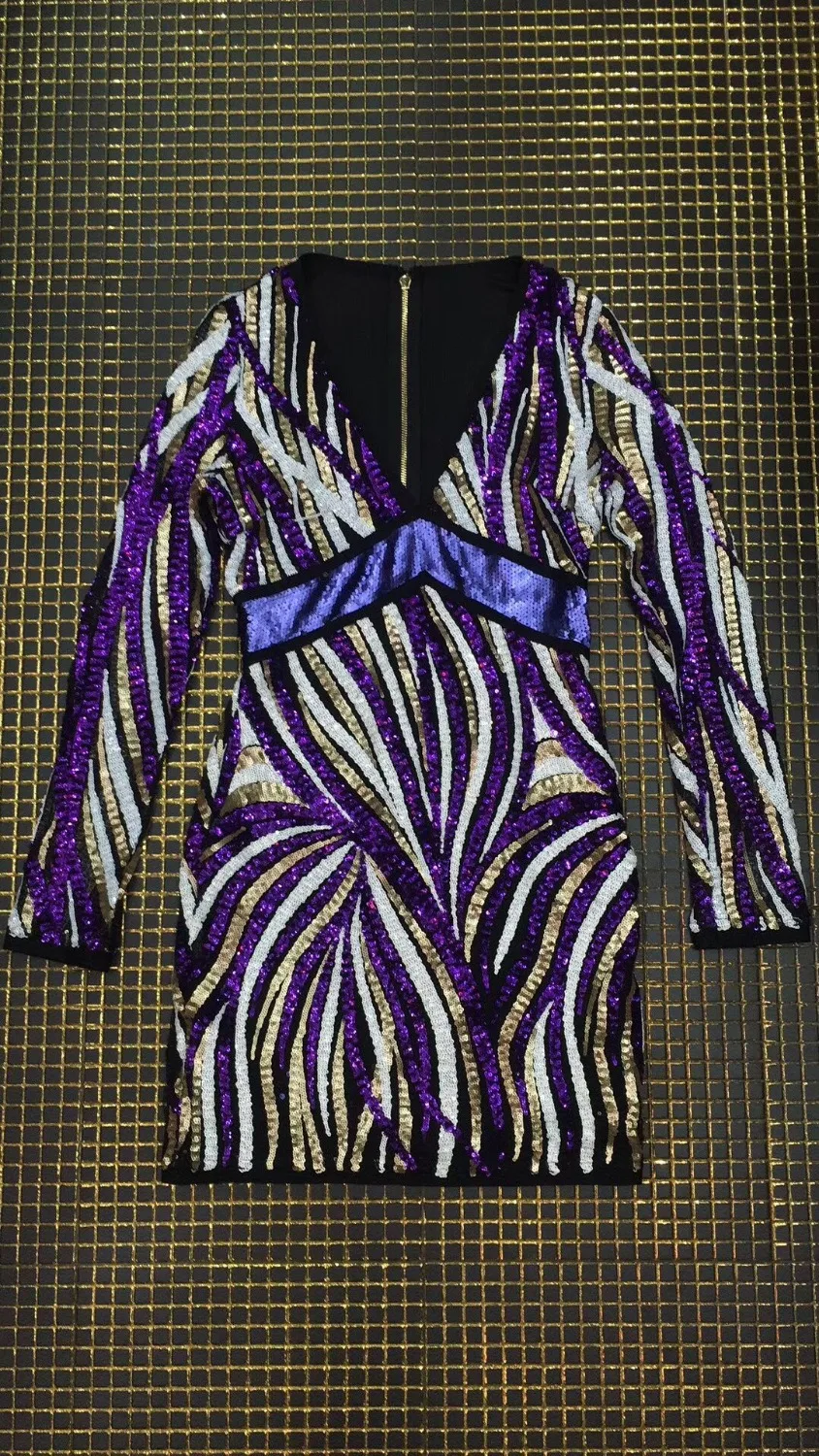 

Summer Women multicolor Sequined long sleeve Bandage Vestidos 2018 New V Neck Bodycon Clubwears Celebrity Party Dress