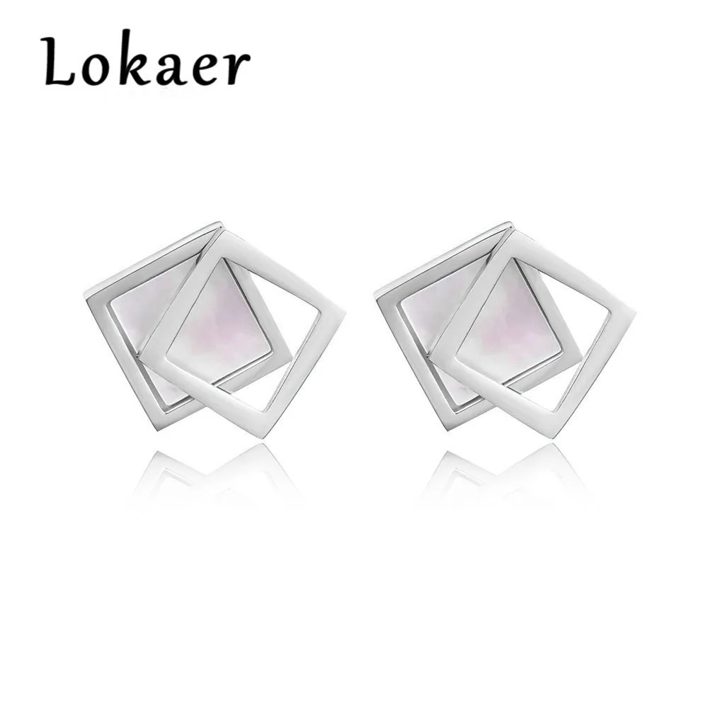 Silver White Lokaer классические свадебные серьги-гвоздики с двойной квадратной оболочкой для женщин, женские серьги из титановой стали, ювелирные изделия Brincos E17043 - Окраска металла: Silver White