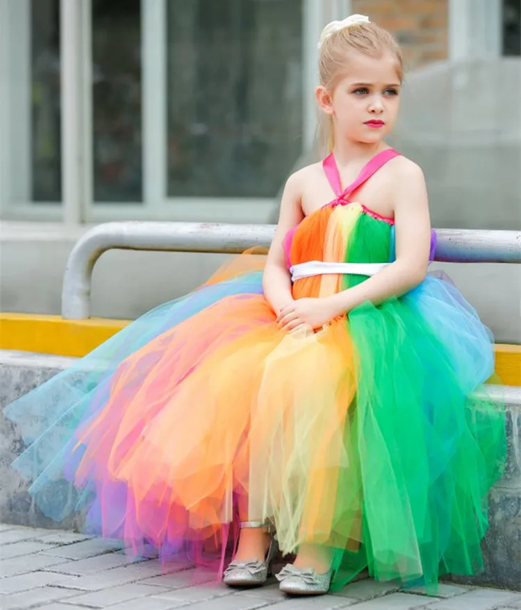 Rainbow Color Girls Long Tutu Dresses Kids Handmade Fluffy Tulle Tutus Ball Gown with Ribbon Waist Children Wedding Party Dress | Детская