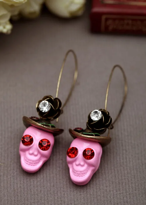 Женские винтажные серьги в стиле панк с розовым черепом висячие из хрустального