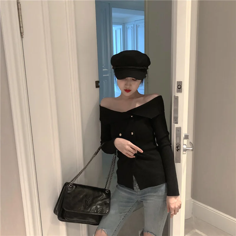 Korean Style Off Shoulder Top Fashion Long Sleeve Sweaters 2018 Women Clothes Double Breasted Elegant Strapless Knitted Cardigan |