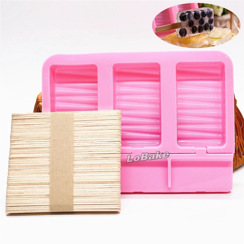 

Brand new 3 cavities rectangular shaped silicone popsicle molds with stripes chocolate lollipop ice cream cake pop pudding mould