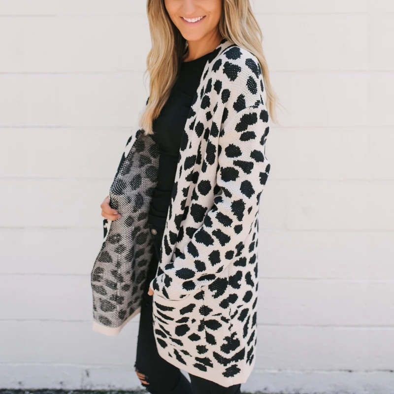 Elegant Leopard Print Cardigans Sweaters Women 2018 Autumn Winter Ladies Fashion Warm V-Neck Open Stitch Knitted Sweater Coats |