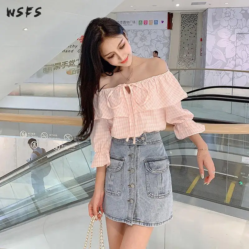 Сексуальные топы Летняя женская одежда розовая клетчатая рубашка с круглым