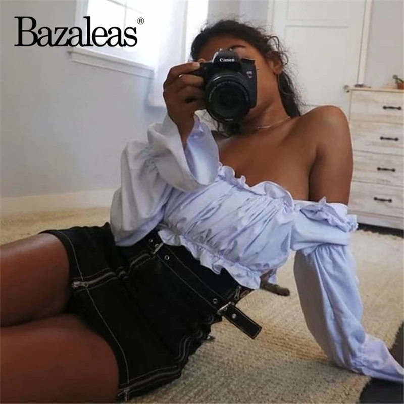 Женская укороченная блузка Bazaleas винтажная с открытыми плечами и буффами