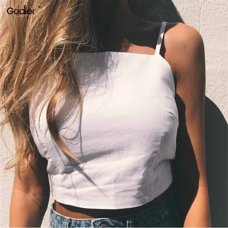 Godier Summer Backless Casual Vest Women Tops Sexy Solid Crop Top Padded Straps Halter Black/Yellow Tanks &amp Camis | Женская одежда