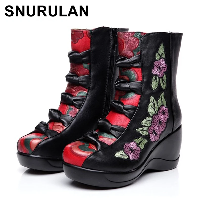 Женские ботинки SNURULAN новинка осень зима 2018 из натуральной кожи на танкетке