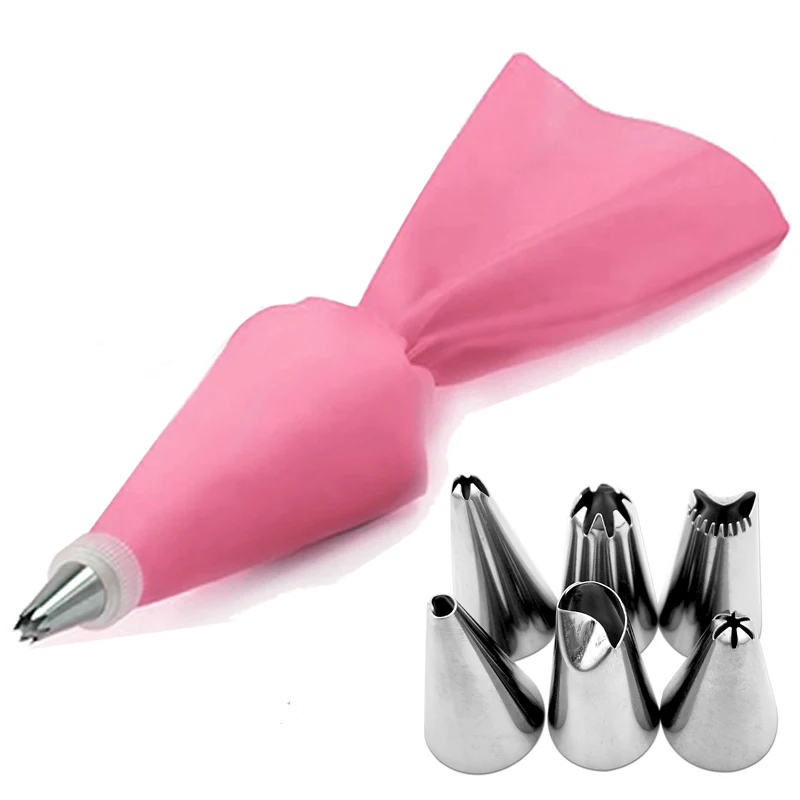 pink 8 шт./компл. силиконовые Кухня аксессуары Обледенение Трубопроводы Крем кондитерский мешок+ 6 Нержавеющая сталь комплект насадок насадки для украшения тортов «сделай сам»; комплект - Цвет: pink