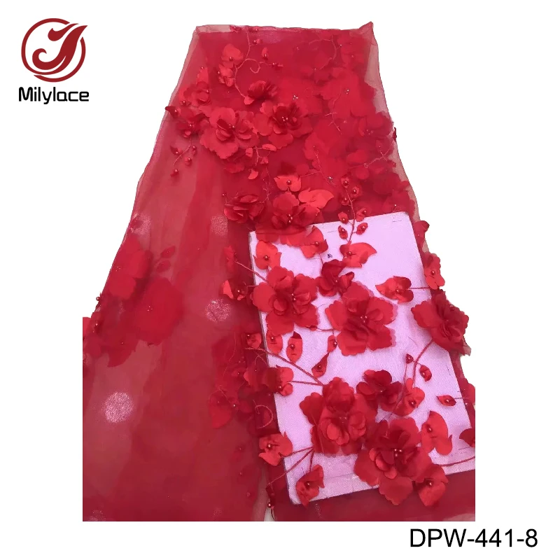 

Milylace 3D flower French lace fabric 5 yard royal blue tulle lace fabric with beads for wedding party dresses DPW-441
