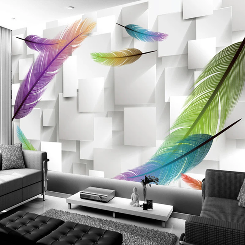 Custom Photo Wallpaper 3D Stereoscopic Square Box Lattice Fashion Feather Modern Living Room TV Background Wall Mural | Обустройство