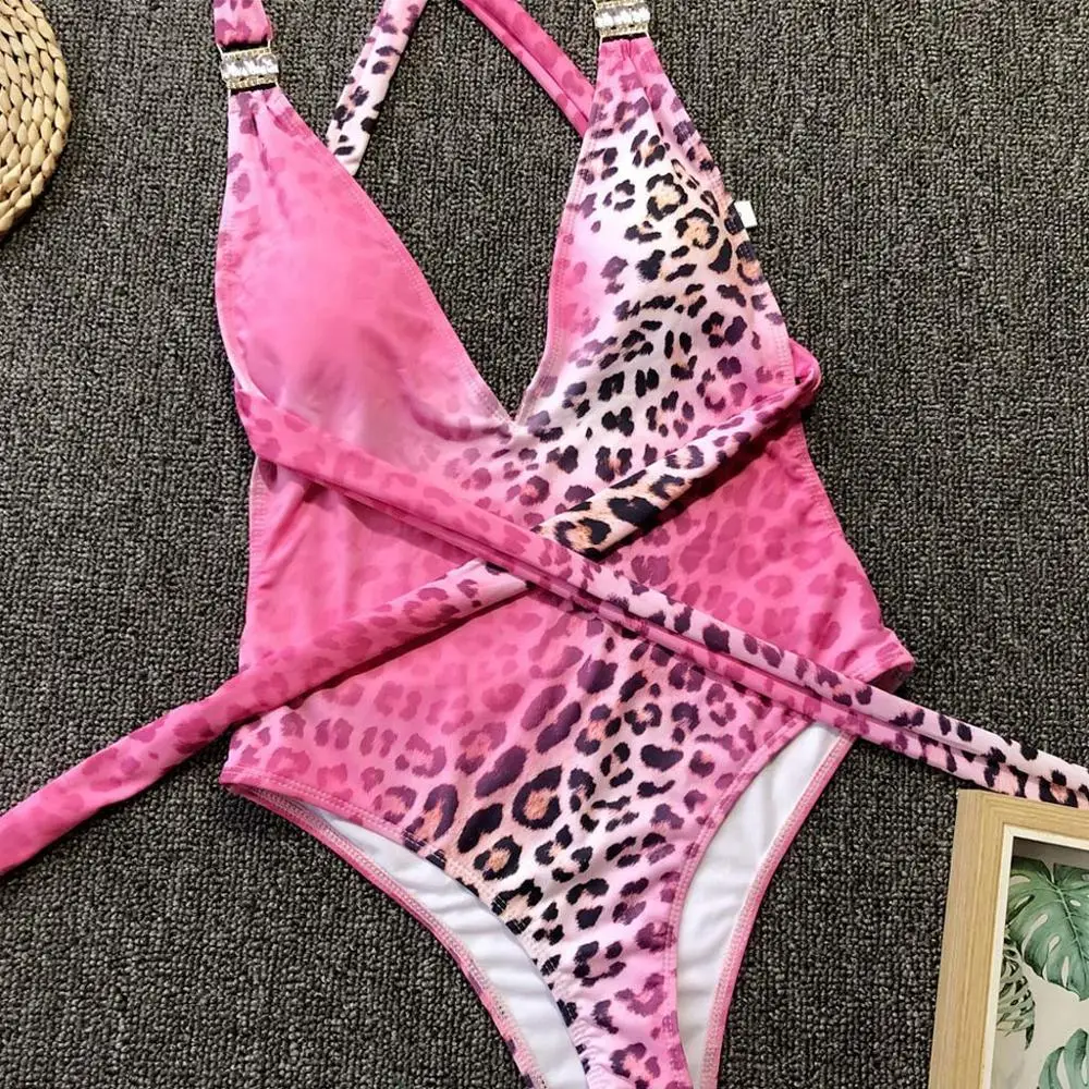 Женский купальник с леопардовым принтом Maillot De Bain розовый бандажный Цельный пуш