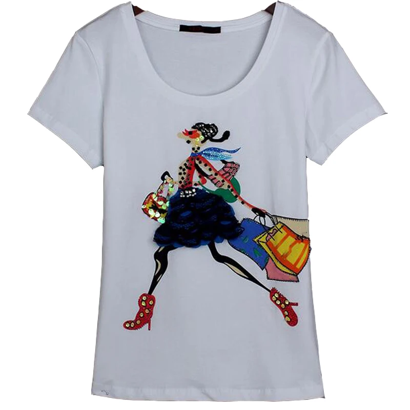 Лидер продаж женская футболка Лето 2017 Новые Топы мультяшная девушка кружевная
