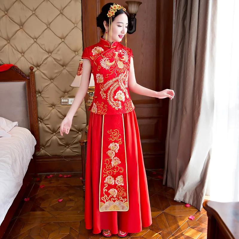 Красное традиционное шоу невесты вышивка cheongsam женатые костюмы китайский стиль