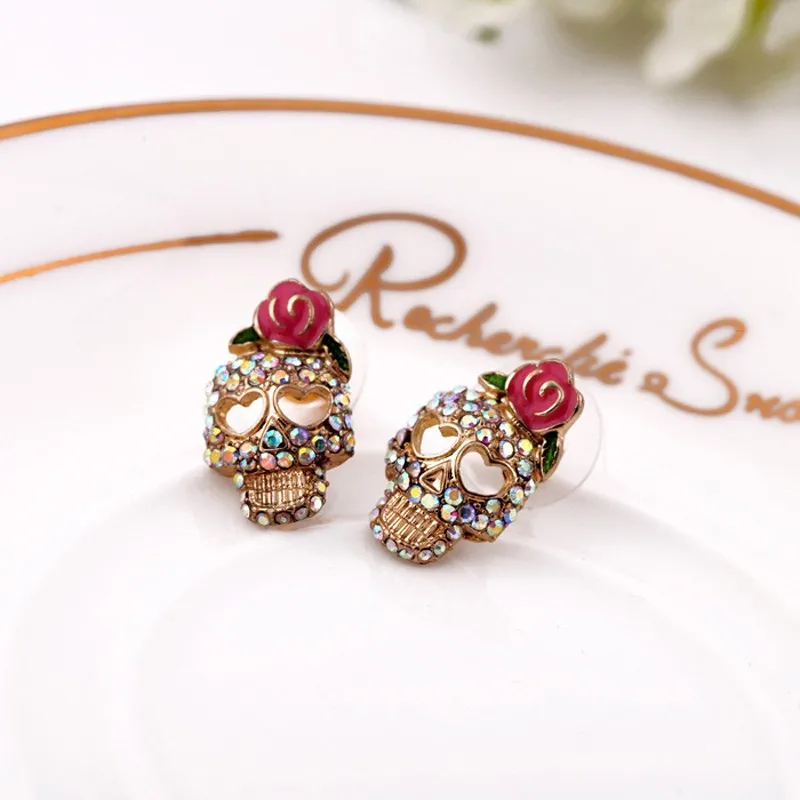 

Women cartilage tragus earring fake gauge earrings Cute Pink Rose Rhinestone Skeleton Skull Ear Earrings #4