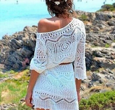 

New Fashion Women Sexy Hollow Out White Lace Dress Off Shoulder Beach Dresses Sexy Party