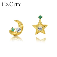 czcity fashion bohemia moon and star stud earrings for women 18k gold plated cubic zirconia earrings silver 925 jewelry brincos
