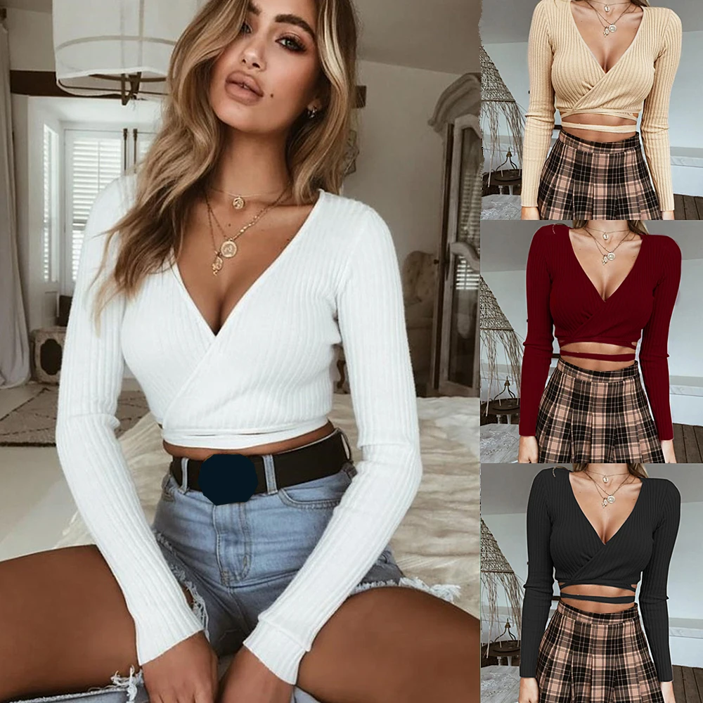 AVODOVAMA M New Autumn Casual Clubwear Party Fashion Sweaters Women Long Sleeve Sexy V Neck Bandages Short Knitted Tops | Женская одежда