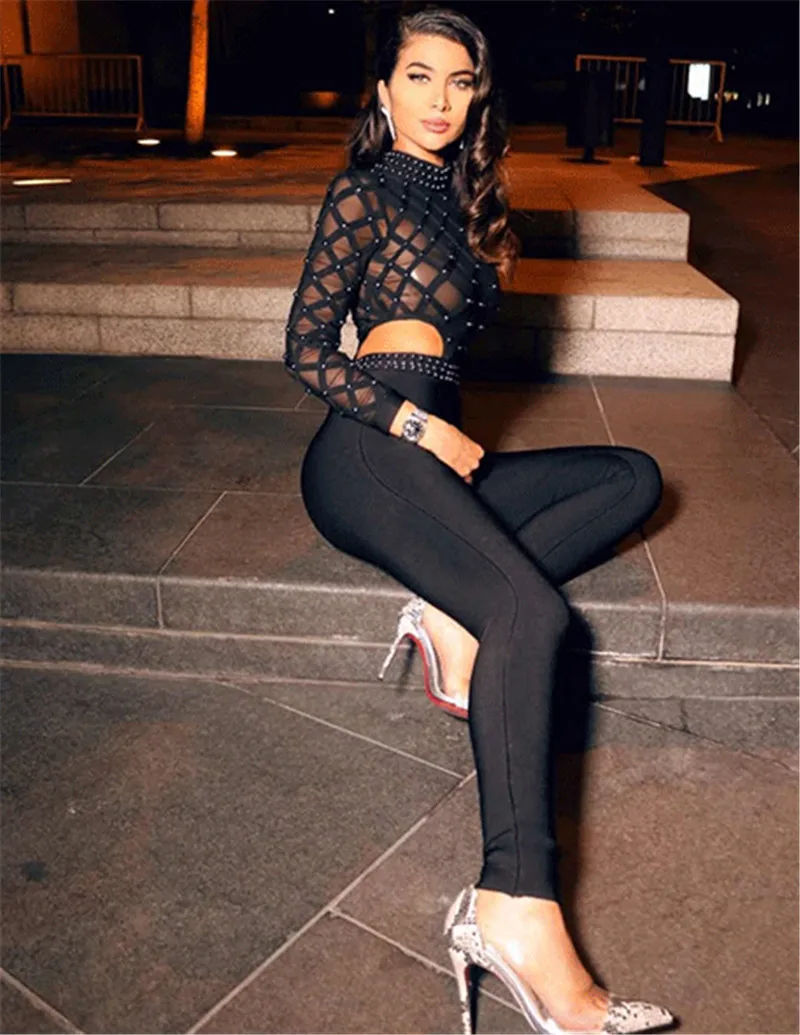 Высокое качество черный длинный рукав заклепки сексуальные роскошные женские