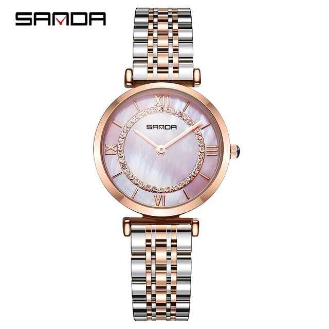 Pink SANDA, новые женские часы, элегантная атмосфера, розовое золото, стальной ремень, круглый циферблат, водонепроницаемые, синий, белый, розовый, женские наручные часы - Цвет: Pink