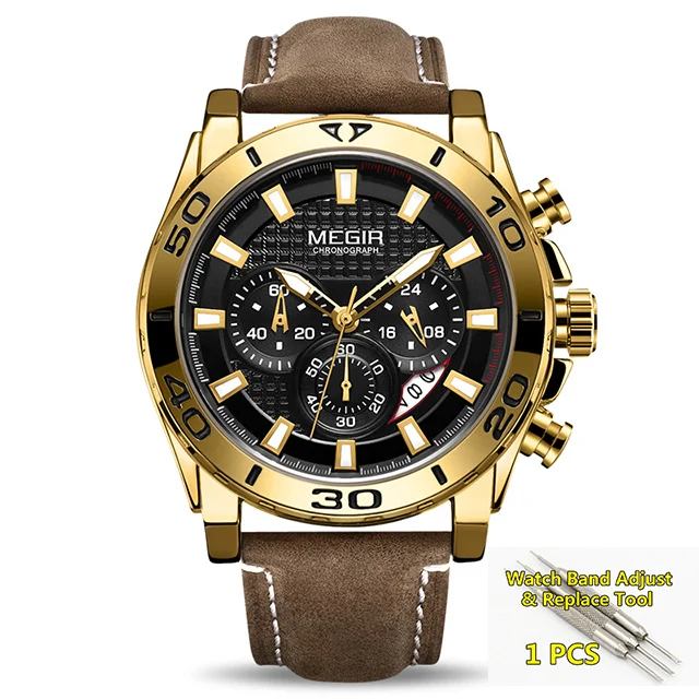 gold Relogio Masculino часы megir для мужские с большим циферблатом модные хронограф, мужские часы Роскошные брендовые кожаные Наручные часы мужские s - Цвет: gold