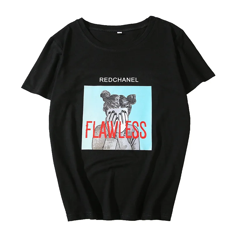 Ulzzang рубашки 100% хлопковая футболка с надписью Flawless женские летние топы 2019 Harajuku