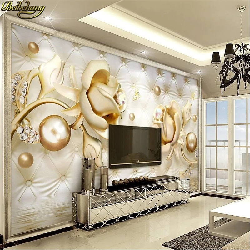 beibehang 3d luxury gold roses soft bag ball jewelry TV background wall custom photo wallpaper large mural stickers | Обустройство