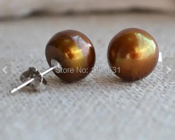Свадебные жемчужные украшения AAA 10 мм коричневые серьги гвоздики из натурального