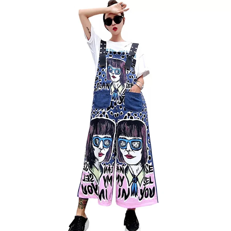 

Summer New Print Cute Cartoon Denim Overalls Dot Printing Wide Leg Jean Pants Trousers Rompers Overall For Women Jumpsuit Femme