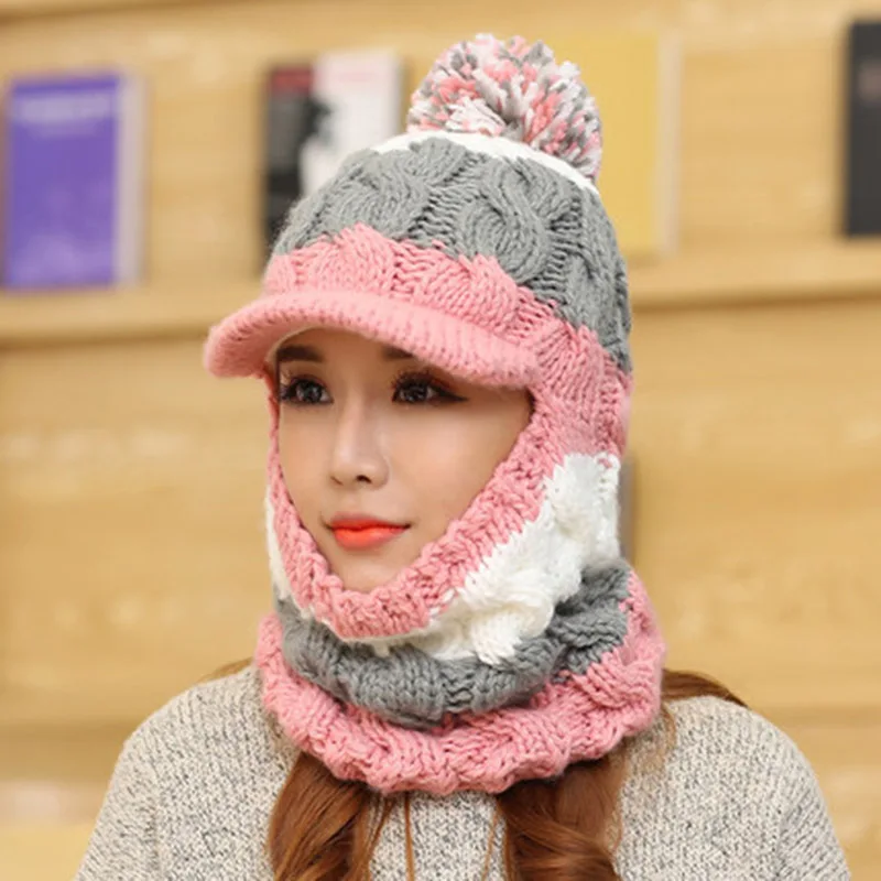 Autumn Winter Women Hat Scarf Set Casual Snow Cap Warm Plush Baggy Knitted Earflaps Beanies |