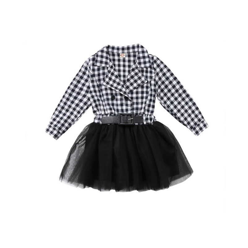 2018 Fashion Casual Cute Newborn Baby Girls Cotton Long Sleeve Turn-down Collar Black White Plaid Sashes Lace Tutu Dress 2-7Y | Детская