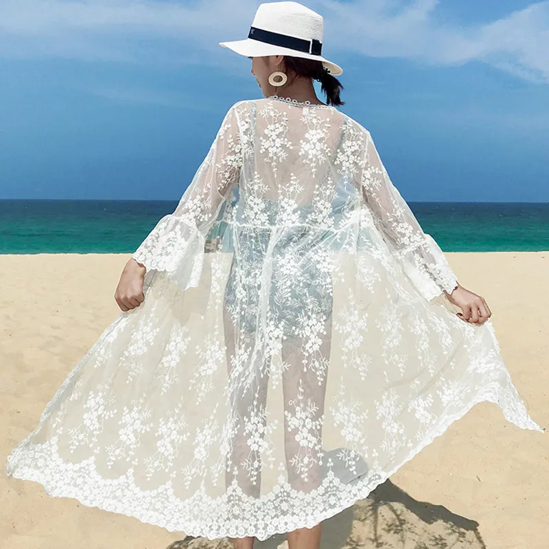 Женский Длинный кружевной кардиган в богемном стиле Пляжная накидка-кимоно с