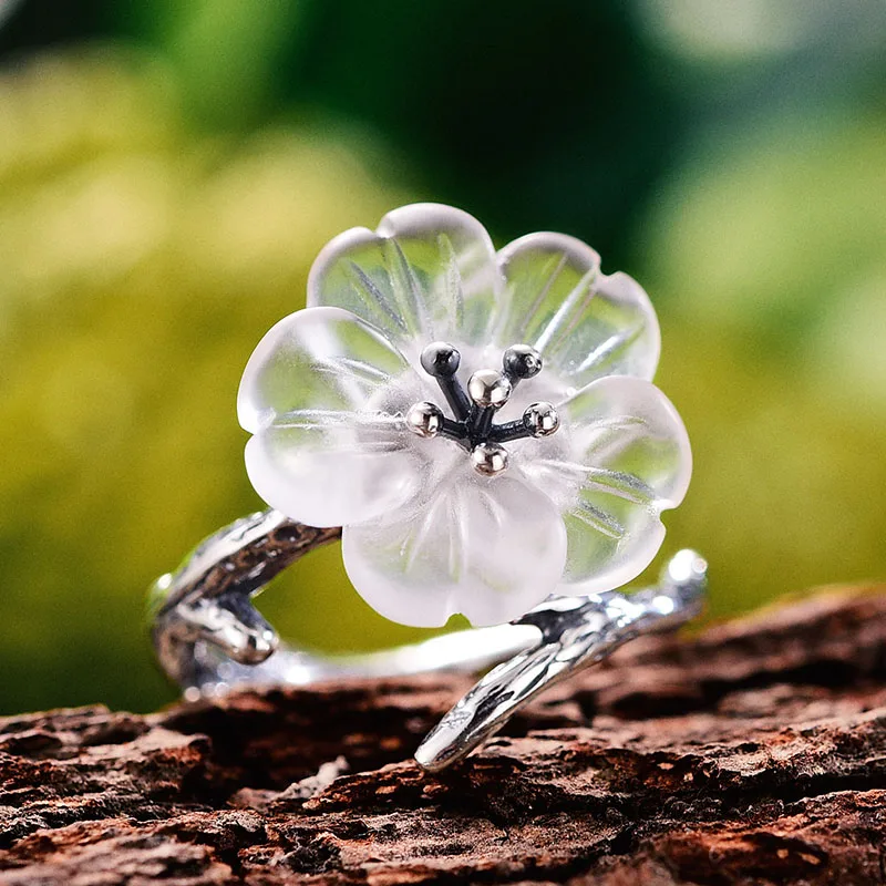 Antique Silver Lotus весело Настоящее стерлингового серебра 925 природных ювелирных украшений ручной работы цветок в дождь кольцо Открытые Кольца для женщин женские Bijoux - Цвет камня: Antique Silver