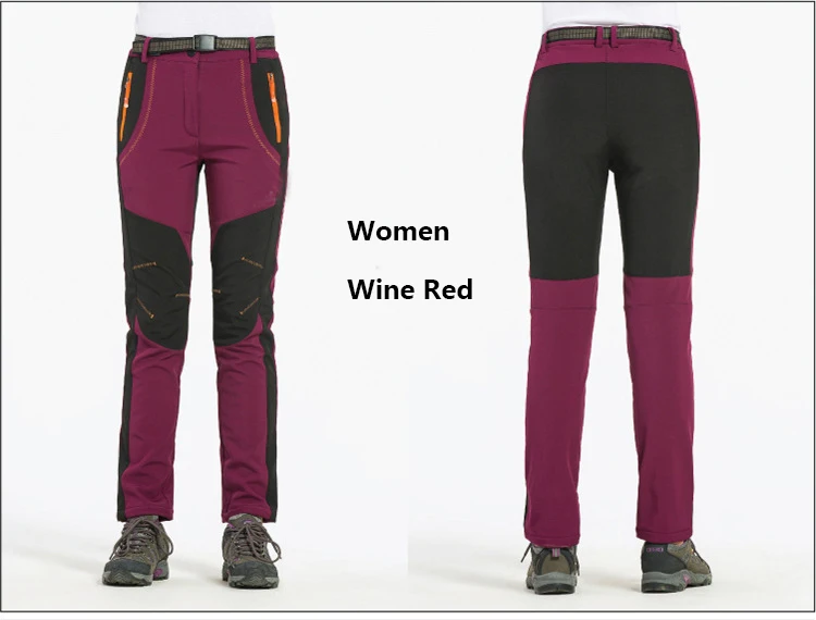 women wine red Новинка, мужские и женские осенне-зимние теплые походные брюки, флисовые водонепроницаемые ветрозащитные брюки для альпинизма и рыбалки - Цвет: women wine red