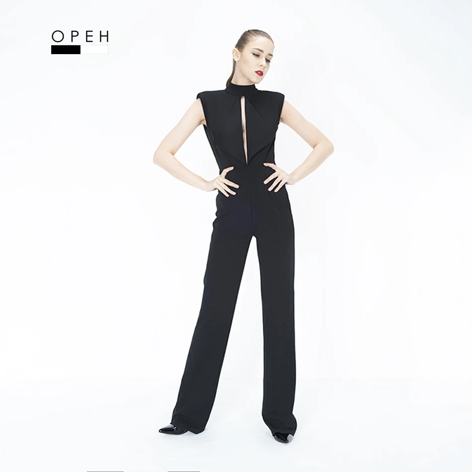 P167 грудь открыта полная длина прямого кроя черный комбинезон | Женская одежда
