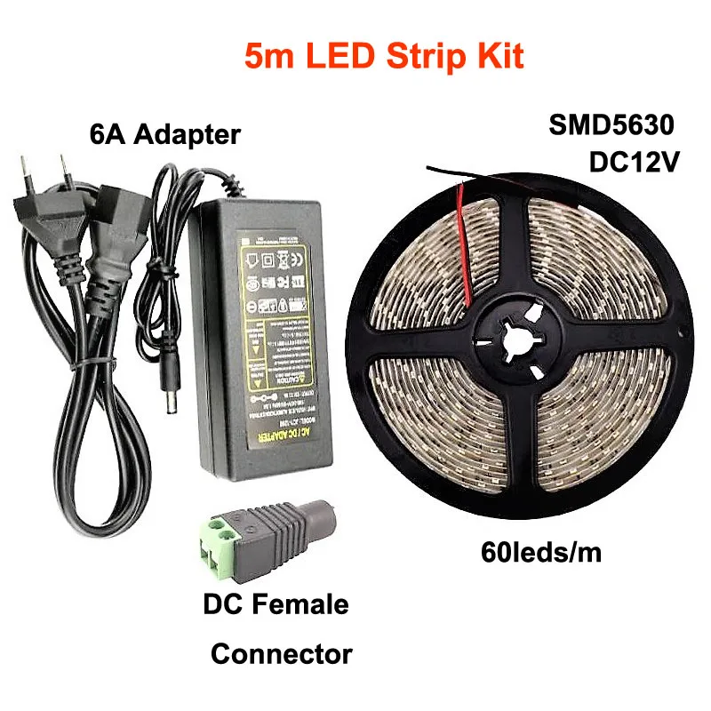5m LED Strip Kit 5630 Светодиодные полосы лампы 5 м 60L/M энергосберегающий Тира светодиодный Рубан DC12V+ 6A AC 110 V 220 V DC/DC источник питания 12В - Испускаемый цвет: 5m LED Strip Kit
