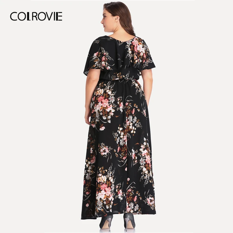 COLROVIE размера плюс, черное Повседневное платье с цветочным принтом и v-образным вырезом для женщин, лето, короткий рукав, а-силуэт, высокая талия, трапециевидные платья макси