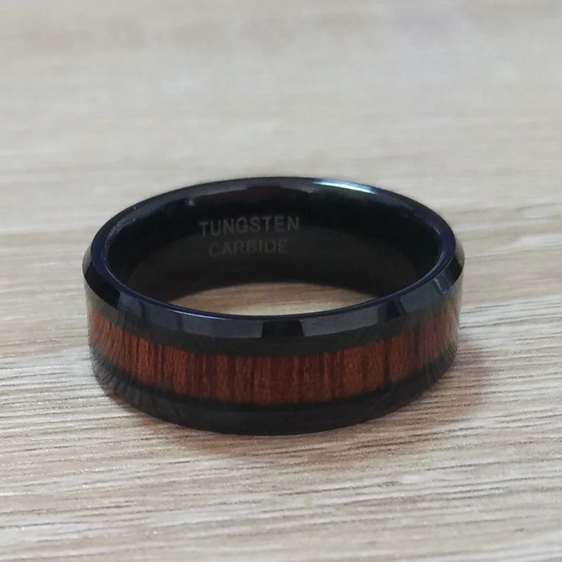 

8MM Men's Classic Black Wedding Band Tungsten Carbide Ring with KOA Wood Inlay Comfort Fit Shiny Polish Size 8 to 13