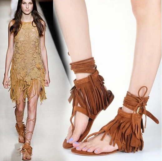 Женские замшевые босоножки на шнуровке черные или Коричневые в этническом стиле