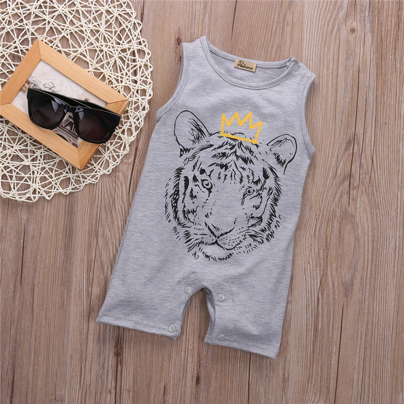 Infant Newborn Baby Boys Clothes Tiger Romper Jumpsuit Outfits 0-24M Sleeveless O-Neck Cartoon Animal Print |