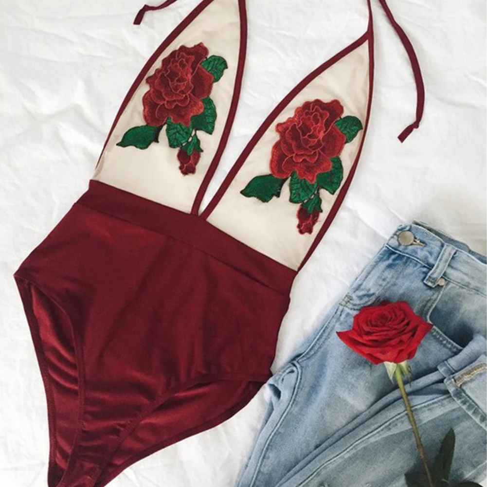 Женский пляжный комбинезон летний пикантный сетчатый на шнуровке с аппликацией