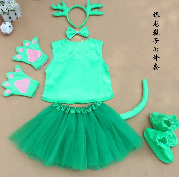 green dragon Детский костюм животного для косплея: лягушка, кролик, медведь, слон, мышь, пчела, лиса, краб, лиса, костюм животного для косплея, повязка на голову, жилет, юбка, перчатки, обувь для детей - Цвет: green dragon
