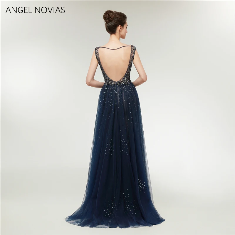 Angel Novias, блестящие бусины, Длинные вечерние платья, Новое поступление, сексуальное, v-образный вырез, открытая спина, тюль, вечернее платье для выпускного вечера, вечерние платья